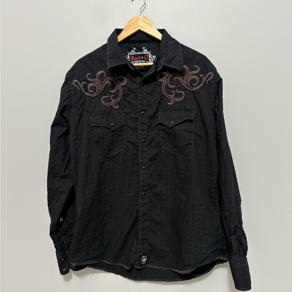 Rock 47 Black Goth Biker Western Button-Up Shirt with Red Embroidery